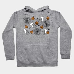 Cobwebs, Bats, Pumpkins, and Ghosts Halloween Doodle Pattern, made by EndlessEmporium Hoodie